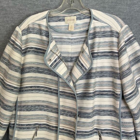 Chico's Striped Moto Jacket Womens XL 3 Tapestry Textured Zip Jacket Blue Silver - Picture 2 of 14